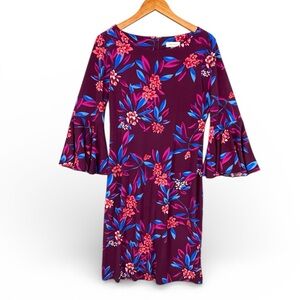 Calvin Klein Floral Print Sheath Midi Dress Size 12 Scoop Neck 3/4 Bell Sleeves